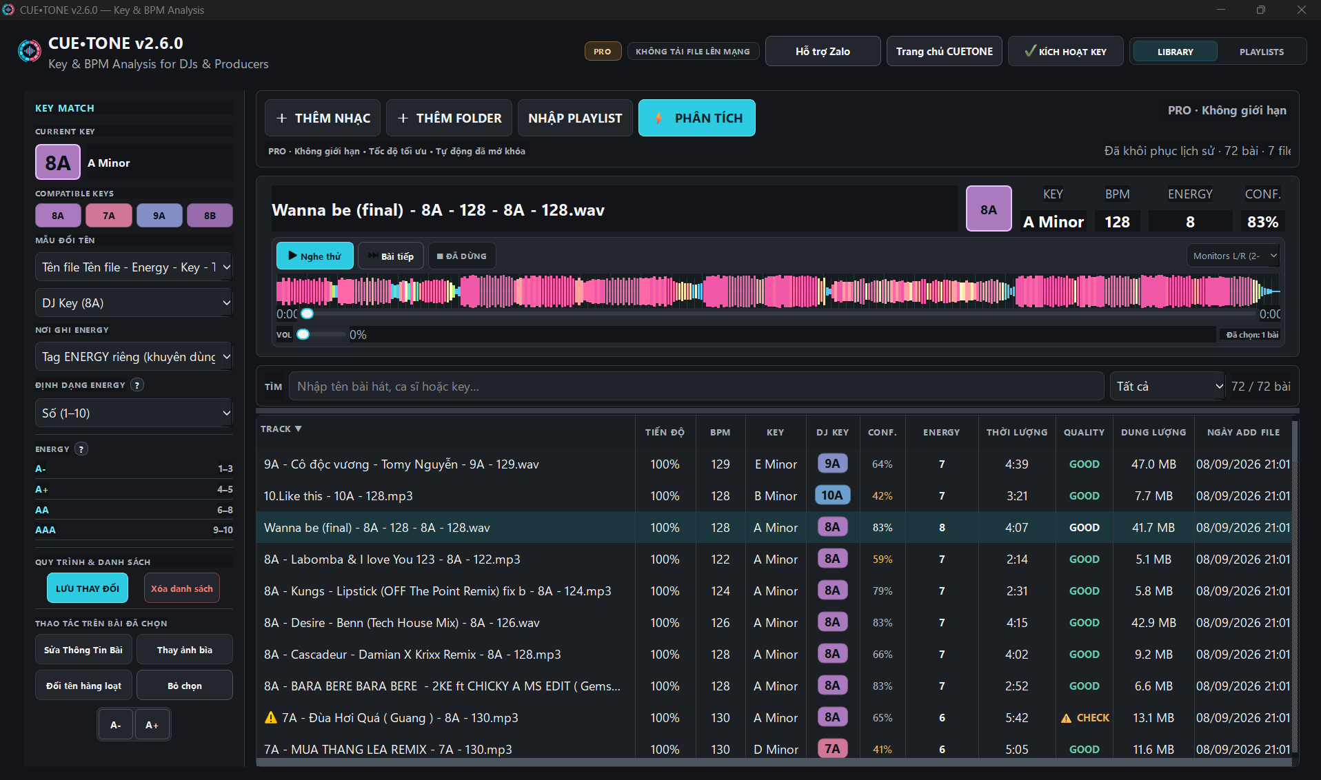 CUE•TONE interface preview with KEY MATCH, playlist, Key, BPM, Energy, and Quality